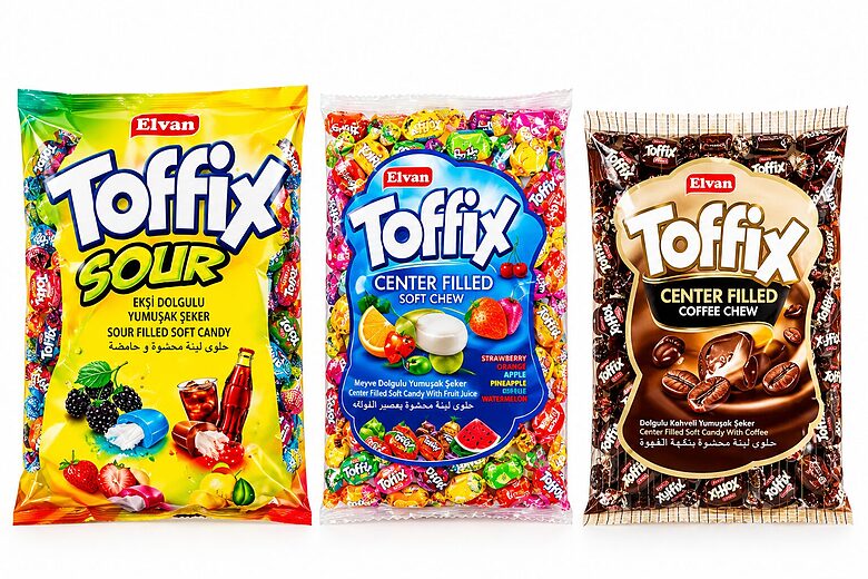 Konfekšu komplekts "Toffix" 3 kg. Mīkstas konfektes (Sour + Coffee + Fruit)