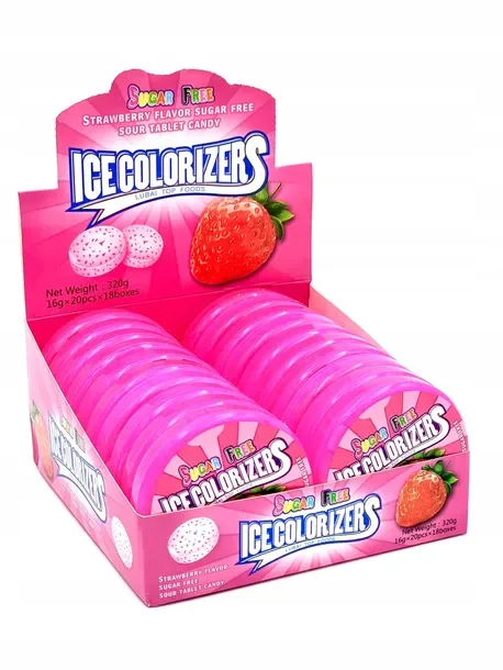 Dražejas ar saldinātājiem "Ice Colorizers" zemene 20 x 16 gr.