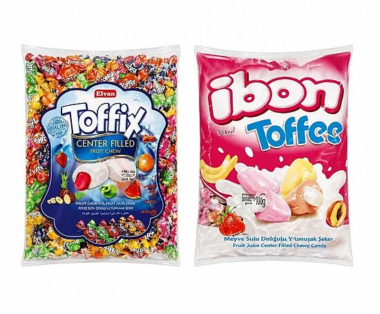 Konfekšu komplekts "Toffix+Ibon" mīkstas karameles konfektes (ar augļu sīrupa pildījumu) 2 x 1 kg
