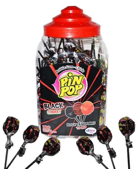Lollipops filled with chewing gum Pin Pop Black Cherry 100 pcs. x 17 gr.